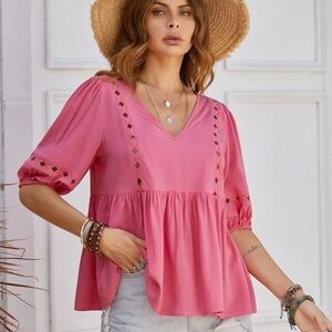 RUSTTYDUSTTY Cut Out Lantern Sleeve Peplum Blouse NEW